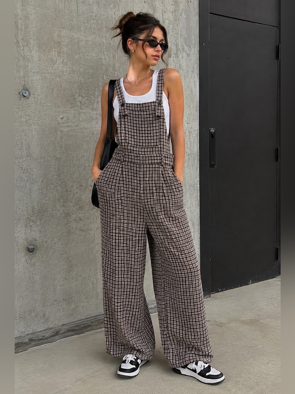 Commense Brown Plaid Suspender Wide-Leg Jumpsuit